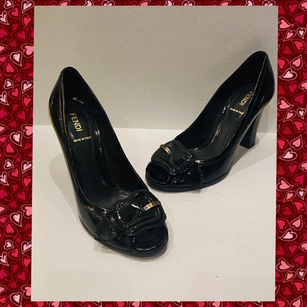 FENDI Black Patent Buckle Peep toe Heels 38